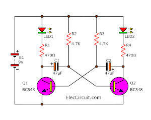 Blinking 2 LED circuit using NPN transistors | ElecCircuit.com