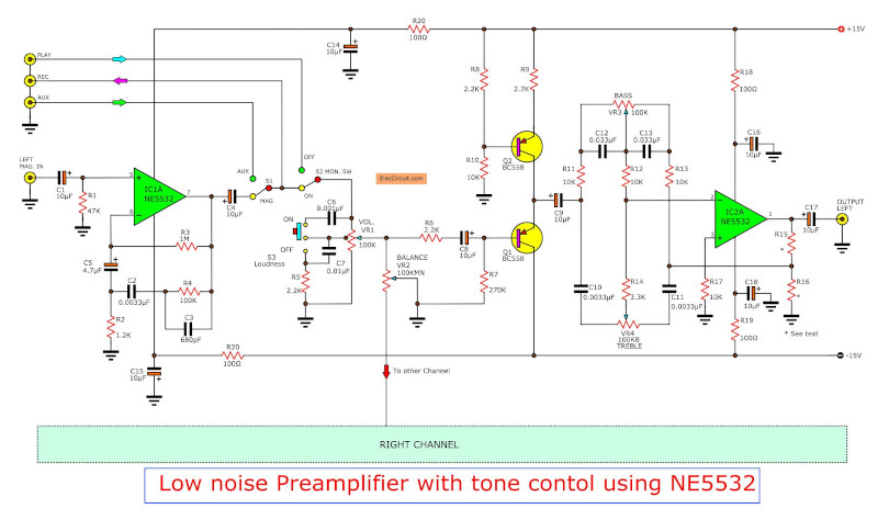 Low noise Preamplifier with tone control using NE5532