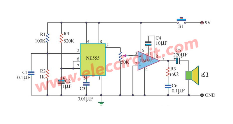 Door Buzzer circuit using NE555 + LM386