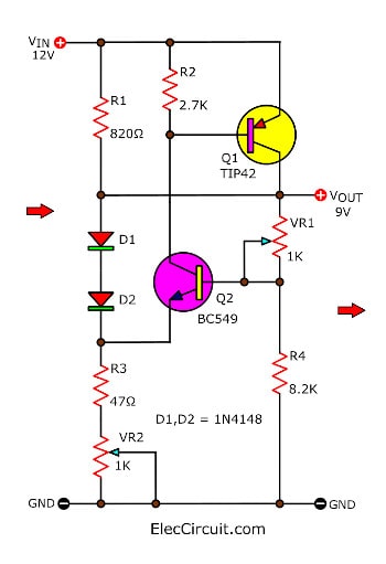 Simple step down 12v to 9v converter circuit using transistor