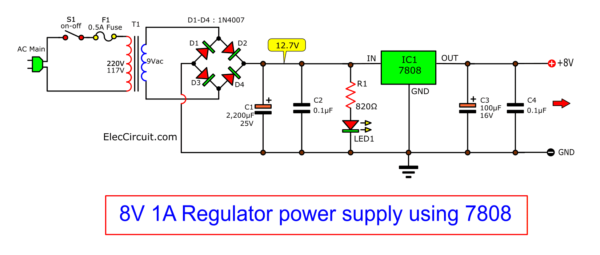 8V 1A Regulator using 7808