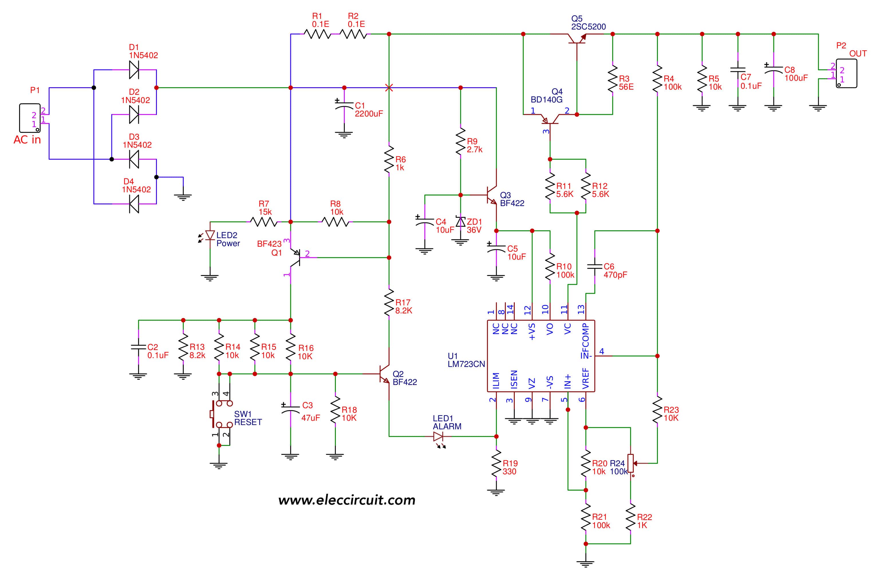 Variable power supply circuit, 0-50v at 3A with PCB - ElecCircuit.com