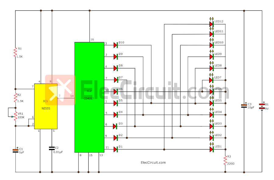 Simple 12LED light sequencer circuits using CD4017 and NE555