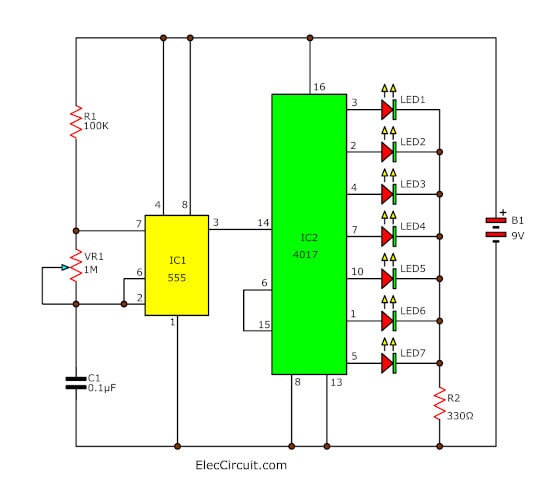 Simple LED light sequencer circuit diagram ElecCircuit com Simple LED light sequencer circuit diagram ElecCircuit com