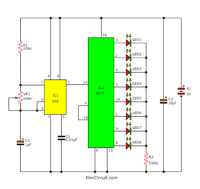 8 LED light sequencer circuit