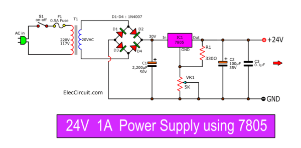 24V 1A Power Supply using 7805