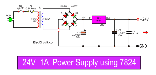24V 1A power supply using LM7824