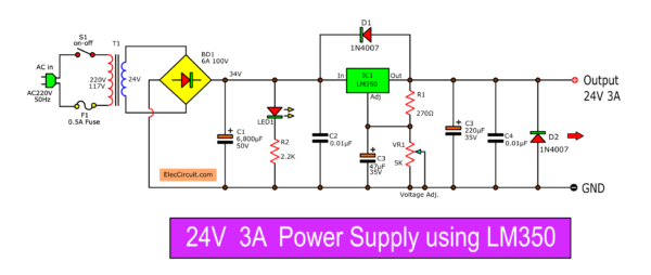 24V 3A Regulator circuit using LM350