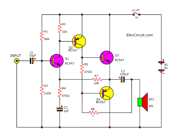 4 transistor audio amplifier circuit - Eleccircuit.com