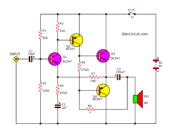 4 transistor audio  amplifier  circuit  Eleccircuit com