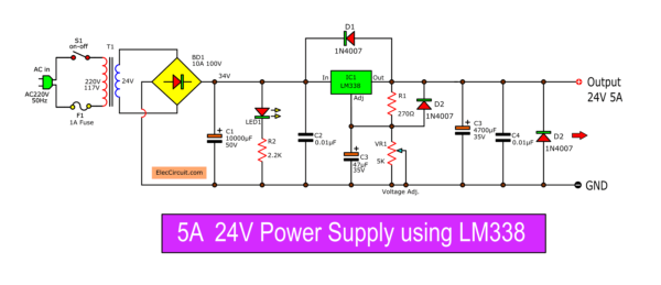 5A 24V regulated power supply using LM338