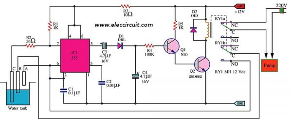 Simple automatic water level controller circuit using IC555 timer