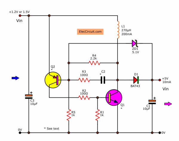 1.5V to 5V Boost DC Converter circuit using 2 transistors