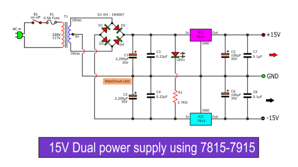 15V Dual power supply circuit diagram using 7815-7915
