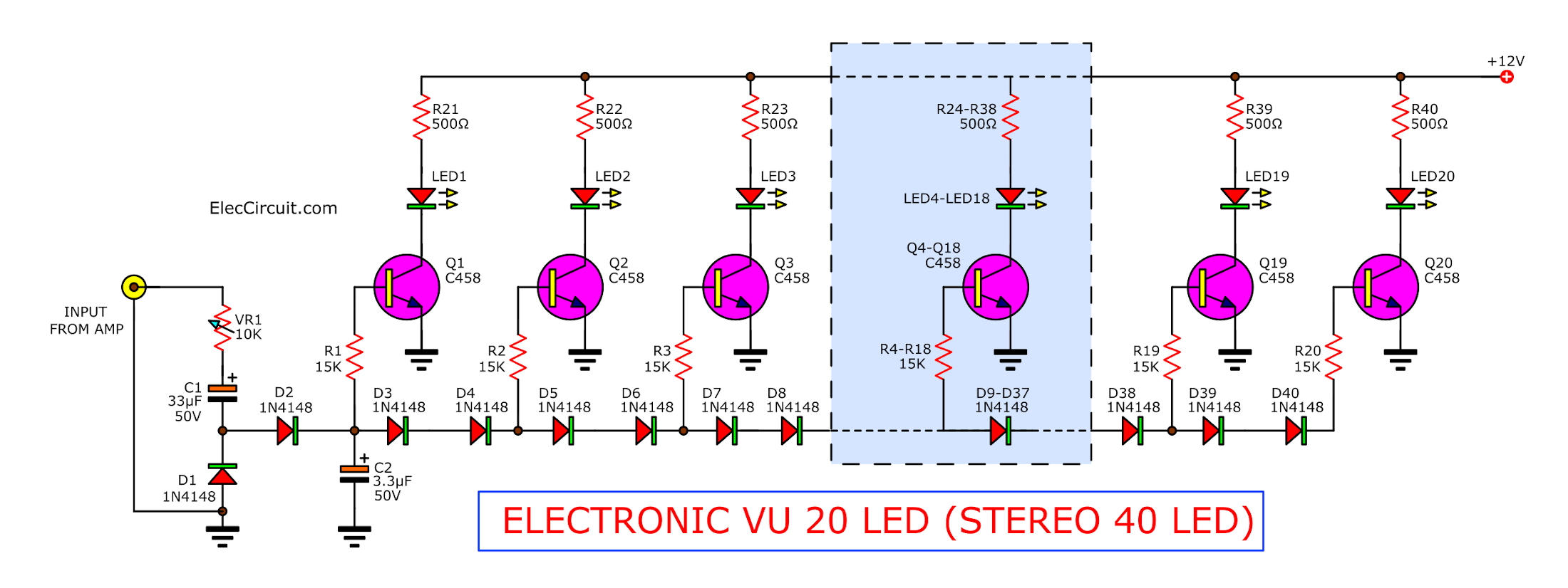 20 to 40 LEDs VU Meter Circuit Using Transistors