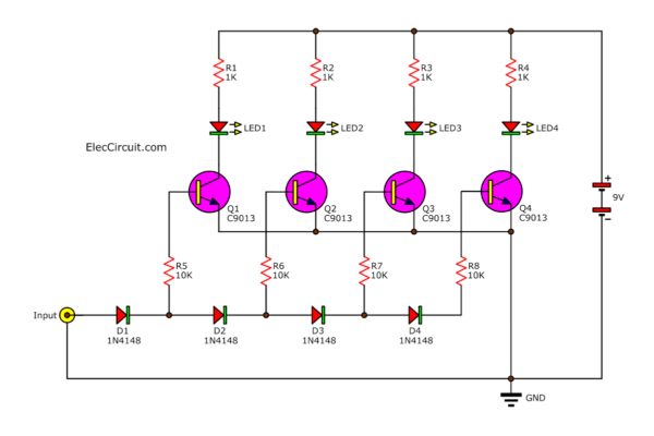 LED VU Meter circuits using transistors, 5 to 20, 40 LED | ElecCircuit.com