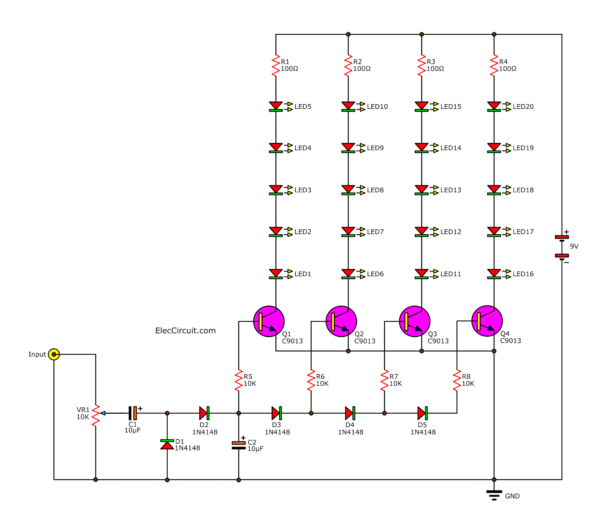 25 LEDs Analog VU Meter Circuit using transistors