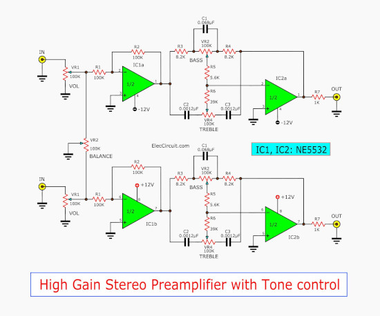 Image result for active tone control preamp guitar circuit diagram