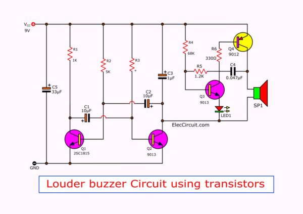 trembling sound buzzer circuit using transistors