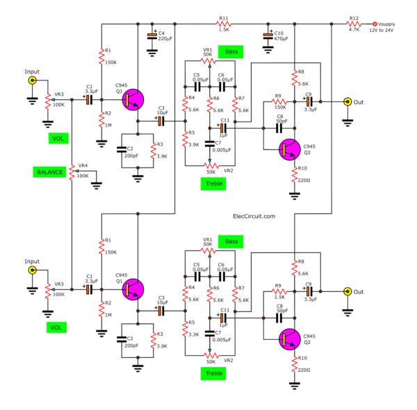 Stereo tone control Preamplifier circuit using two transistors