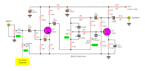 2 transistor pre tone control circuit diagram