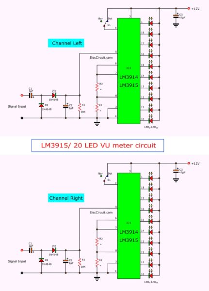 LM3915/ 20 LED VU meter circuit