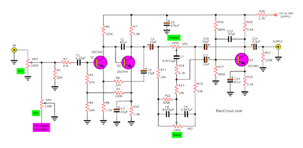 Active tone control circuit using the transistors