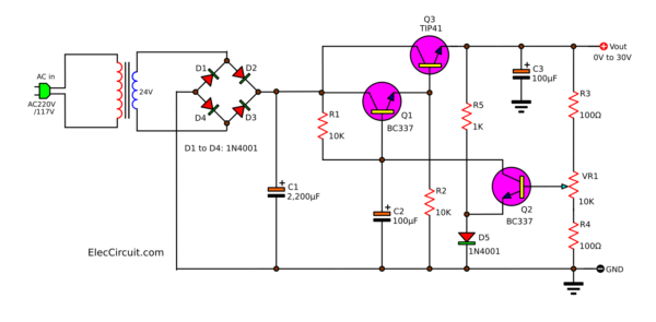 0-30V 1A transistor variable regulator circuit