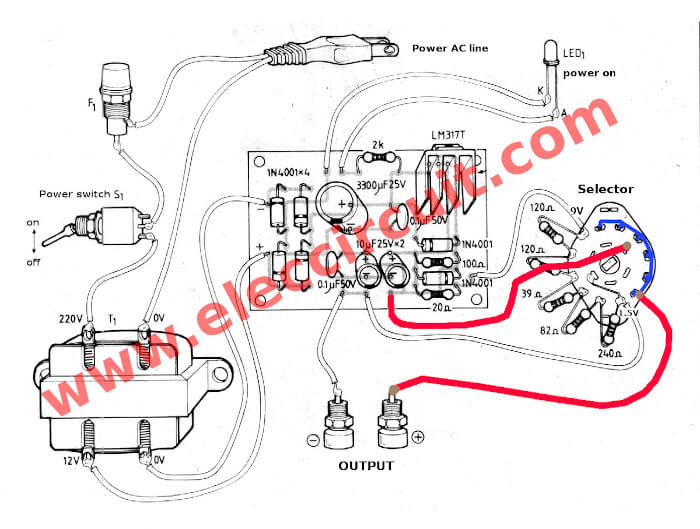 components layout LM317 Regulator-selector-1.5v 3v 45v 5v 6v 9v 1.5A