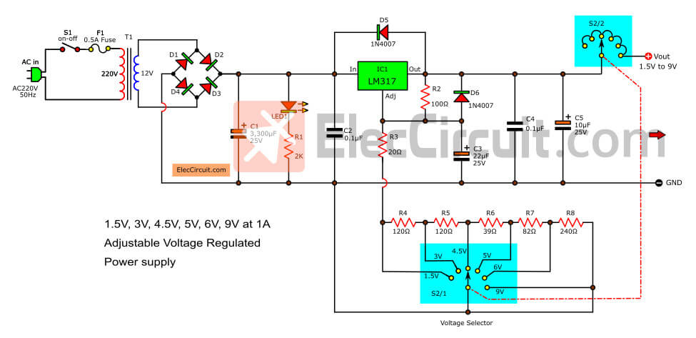 1.5V, 3V, 4.5V, 5V, 6V, 9V adjustable power supply circuit