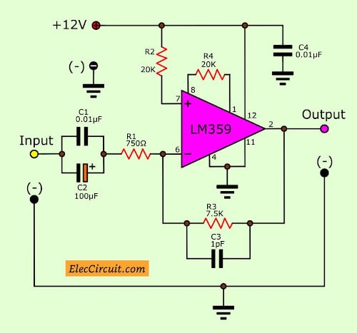 Video amplifier circuit using LM359 - Eleccircuit.com