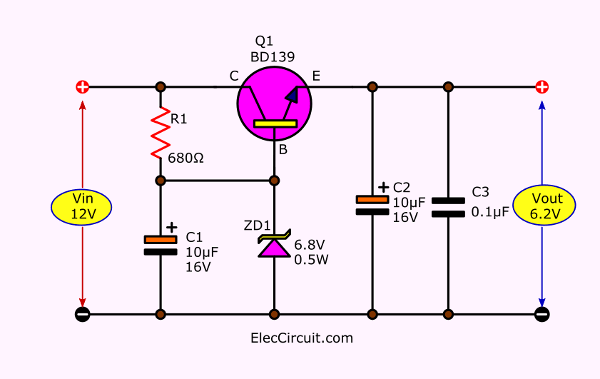 6.2V Zener diode-transistor series regulator