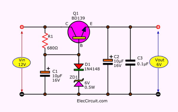 6V Zener diode-transistor series regulator