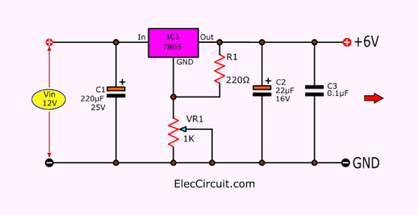 Use 7805 to set fixed 6V output with pontentiomer