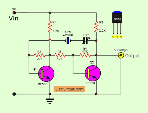 Transistor Crystal Oscillator circuit ideas | ElecCircuit.com
