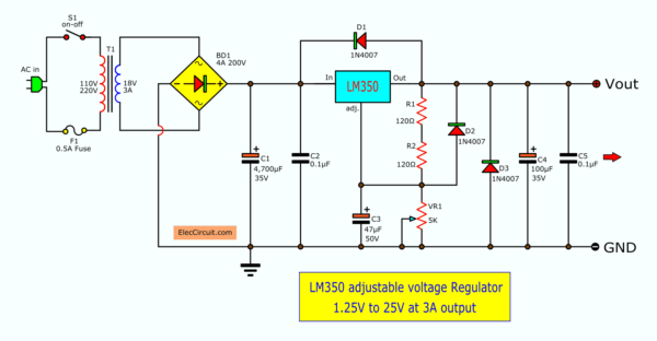 LM350 adjustable voltage Regulator circuit