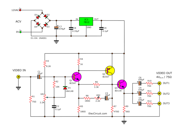 Video amplifier circuit using transistors