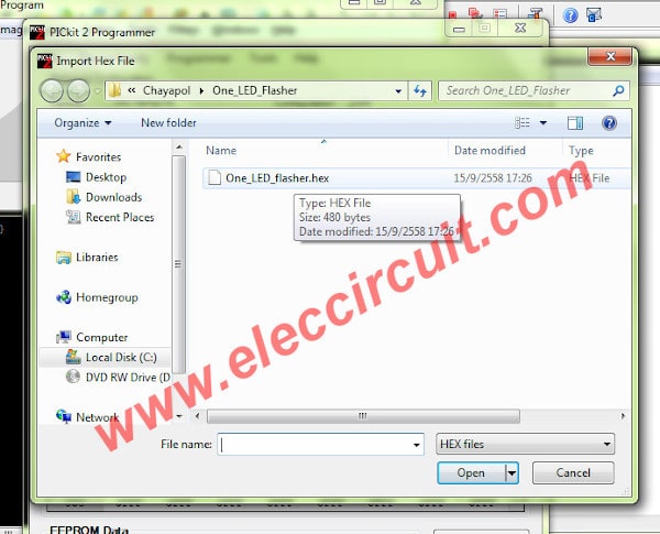 To select the One_LED_flasher.hex in this project folder