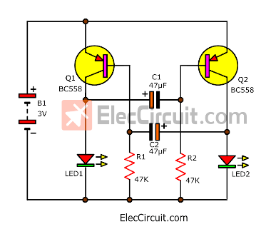 3V dual LED flasher using php transistor