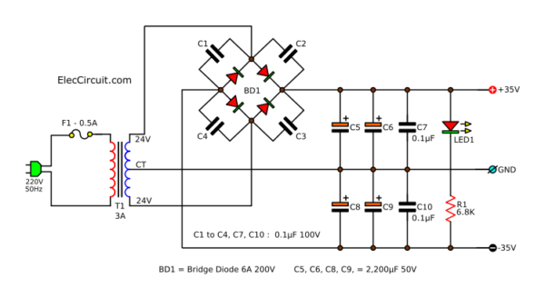 50W main amplifier 35V dual power supply circuit