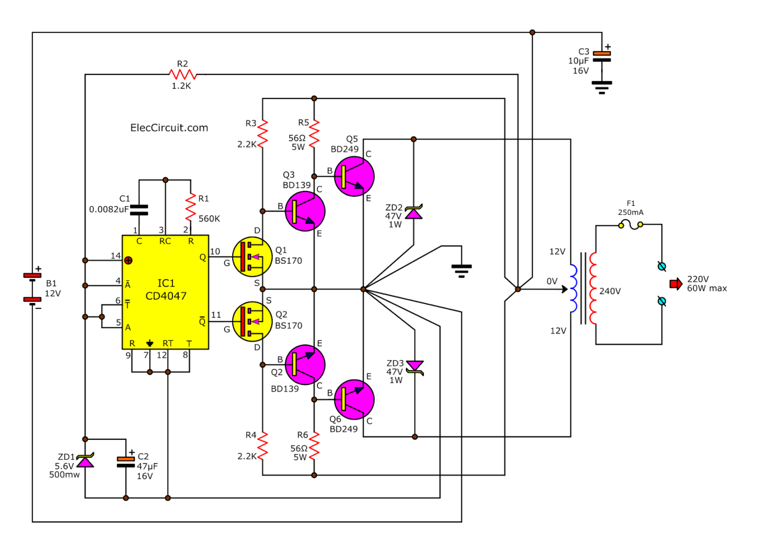 DC to AC Converter circuit projects on ElecCircuit.com