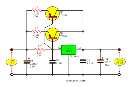 12V to 5V 5A converter using TIP42 x2