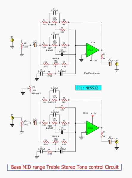 Bass MID range Treble Stereo Tone Control circuit using NE5532