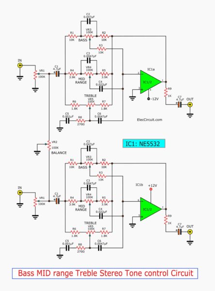 Bass MID range Treble Stereo Tone Control circuit using NE5532