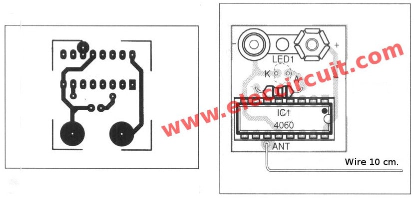 PCB  layout of simple non-contact AC voltage tester using CD4060