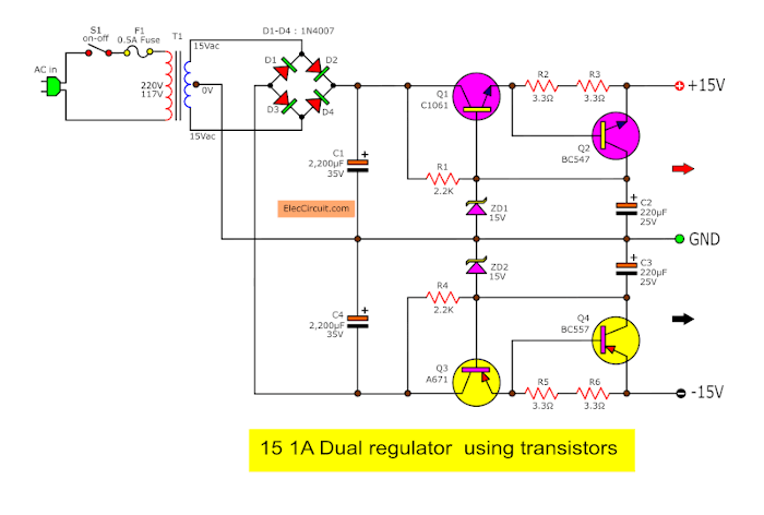 15V 1A dual voltage regulator transistors