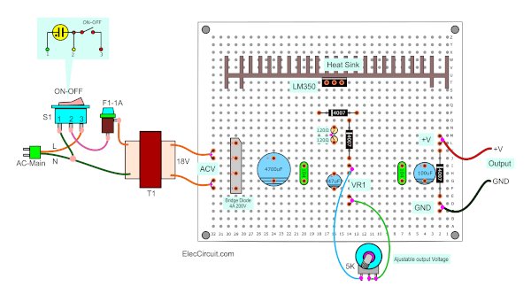 Component layout perforated PCB LM350 regulator