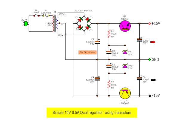 Simple 15 volt dual power supply circuit diagram