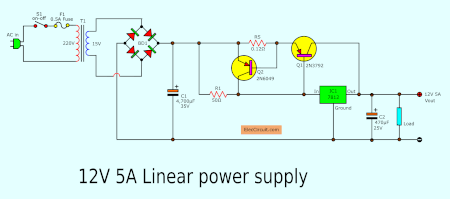 Simple Designing 12V 5A Linear Power Supply | ElecCircuit.com