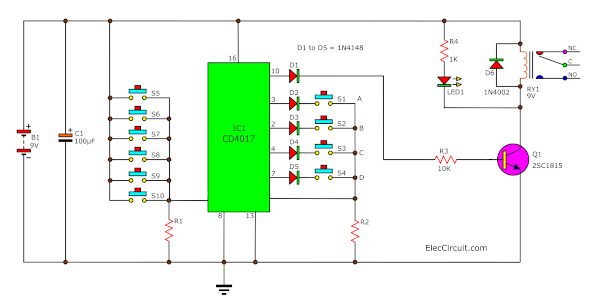 Key Code Lock Switch Circuit Using IC-4017